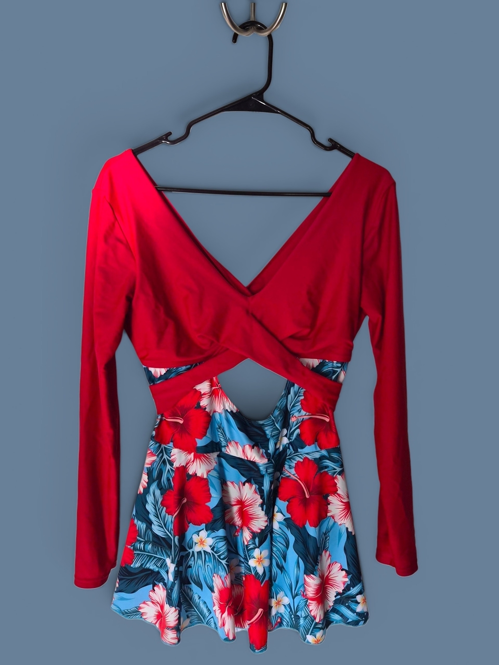 Red Floral Cutout One-Piece Swimsuit with Long Sleeves